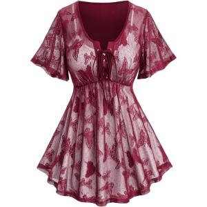 Rosegal Plus Size Womens V Neck Butterfly Lace Overlay Lace-up 2 in 1 Blouse Short Flutter Sleeve Flowy Top(Red)
