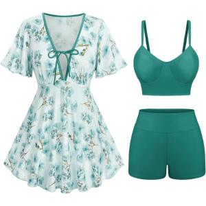 Rosegal Women Plus Size 3 Piece Tankini Swimsuits Bathing Suits with Floral Swim Dress Boy Shorts with Cami Swim Top(Green)
