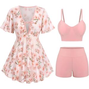 Rosegal Women Plus Size 3 Piece Tankini Swimsuits Bathing Suits with Floral Swim Dress Boy Shorts with Cami Swim Top(Pink)
