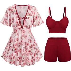 Rosegal Women Plus Size 3 Piece Tankini Swimsuits Bathing Suits with Floral Swim Dress Boy Shorts with Cami Swim Top(Red)