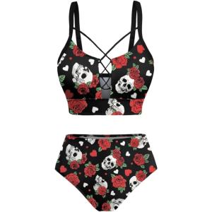 Rosegal Women Plus Size Goth Two Piece Bikini Swimsuit Sets Gothic Skulls Rose Printed Strappy Swimwear(Black_1)