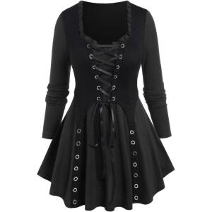 Rosegal Women Plus Size Gothic Lace-up Grommet Ruffles Tee Renaissance Costume Top Long Sleeves Gothic Top(Black_1)