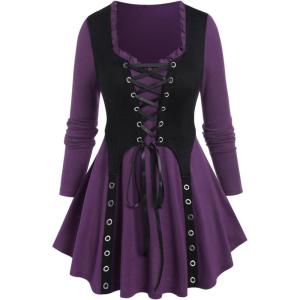 Rosegal Women Plus Size Gothic Lace-up Grommet Ruffles Tee Renaissance Costume Top Long Sleeves Gothic Top(Purple_1)