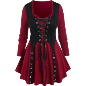 Rosegal Women Plus Size Gothic Lace-up Grommet Ruffles Tee Renaissance Costume Top Long Sleeves Gothic Top(Red_1)