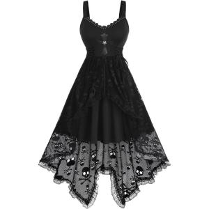 Rosegal Women Plus Size Gothic Lace-up PU Cross Skulls Lace Panel Asymmetrical High Low Midi Dress Rivets Straps Punk Dress(Black_1)
