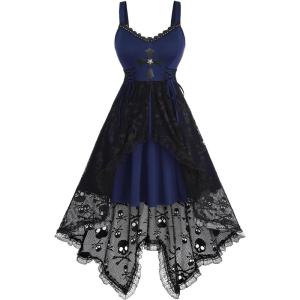 Rosegal Women Plus Size Gothic Lace-up PU Cross Skulls Lace Panel Asymmetrical High Low Midi Dress Rivets Straps Punk Dress(Blue_1)