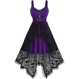 Rosegal Women Plus Size Gothic Lace-up PU Cross Skulls Lace Panel Asymmetrical High Low Midi Dress Rivets Straps Punk Dress(Purple_1)
