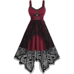 Rosegal Women Plus Size Gothic Lace-up PU Cross Skulls Lace Panel Asymmetrical High Low Midi Dress Rivets Straps Punk Dress(Red_3)