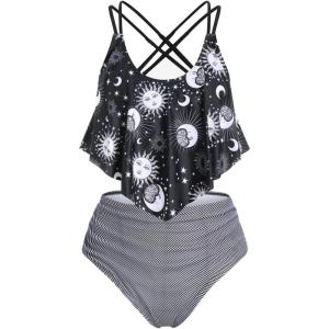 Rosegal Women Plus Size Gothic Tankini Swimsuit Celestial Sun Moon Print Crisscross Flounce Two Piece Bathing Suit(Black)