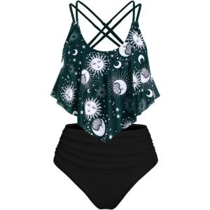 Rosegal Women Plus Size Gothic Tankini Swimsuit Celestial Sun Moon Print Crisscross Flounce Two Piece Bathing Suit(Green_5)
