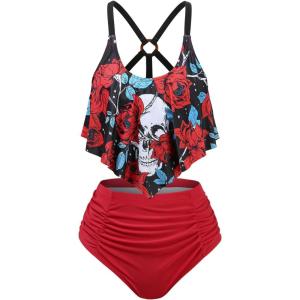 Rosegal Women Plus Size High Waisted Bikini Skull Rose Print Two Piece Bathing Suits Tummy Control Swimwear(Red)