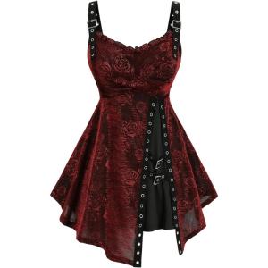 Rosegal Women Plus Size Rose Flower Printed Buckle Grommet Split Layered Gothic Tank Top(Wine Red)