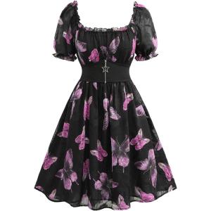Rosegal Women Plus Size Square Neck Milkmaid Dress Butterfly Ruffles Puff Sleeves Cottagecore Dress(Black_2)