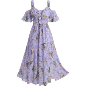 Rosegal Women Plus Size Summer Cold Shoulder Floral Sundress Ruffle Split Hem Cottagecore Maxi Flowy Vacation Dress(Light Purple)