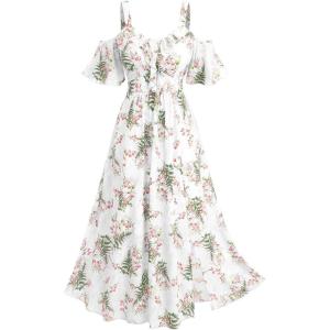 Rosegal Women Plus Size Summer Cold Shoulder Floral Sundress Ruffle Split Hem Cottagecore Maxi Flowy Vacation Dress(White)