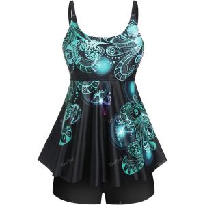 Rosegal Womens Plus Size Curve Butterfly Padded Boyleg Modest Tankini Swimsuit(Black_5)
