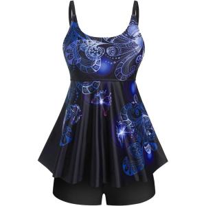 Rosegal Womens Plus Size Curve Butterfly Padded Boyleg Modest Tankini Swimsuit(Blue_1)