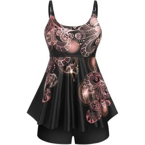 Rosegal Womens Plus Size Curve Butterfly Padded Boyleg Modest Tankini Swimsuit(Orange_1)