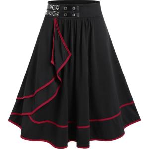 Rosegal Women’s Plus Size Gothic Mini Skirt Contrast Tape Buckled Midi High Waist Elastic A-Line Skirt(Black9)