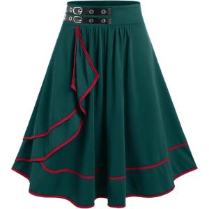 Rosegal Women’s Plus Size Gothic Mini Skirt Contrast Tape Buckled Midi High Waist Elastic A-Line Skirt(Green)