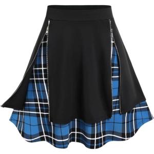 Rosegal Women’s Plus Size Gothic Mini Skirt Plaid Zipper Mini A Line Skirt Blue(Blue)