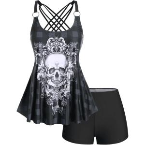 Rosegal Womens Plus Size Gothic Skull Plaid Padded Boyleg Strappy Modest Tankini Swimsuit Set(Deep Gray)