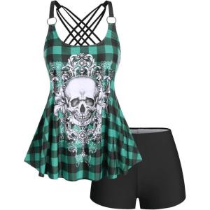 Rosegal Womens Plus Size Gothic Skull Plaid Padded Boyleg Strappy Modest Tankini Swimsuit Set(Green_11)