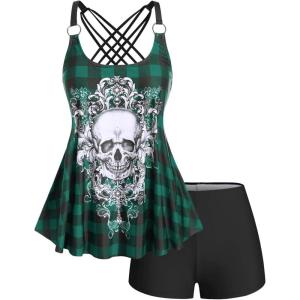 Rosegal Womens Plus Size Gothic Skull Plaid Padded Boyleg Strappy Modest Tankini Swimsuit Set(Green_12)