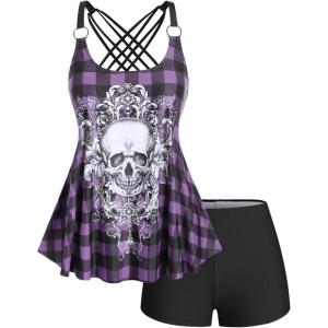Rosegal Womens Plus Size Gothic Skull Plaid Padded Boyleg Strappy Modest Tankini Swimsuit Set(Purple_10)