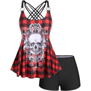 Rosegal Womens Plus Size Gothic Skull Plaid Padded Boyleg Strappy Modest Tankini Swimsuit Set(Red_2)