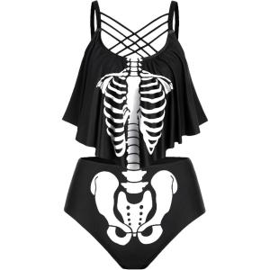 Rosegal Womens Plus Size Skeleton Print Flounce Crisscross Strappy Tankini Swimwear Set(Black_2)