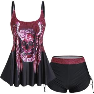 Rosegal Womens Plus Size Skull Rose Wing Print Cinched Boyshorts Tankini Swimsuit Set(Red_2)
