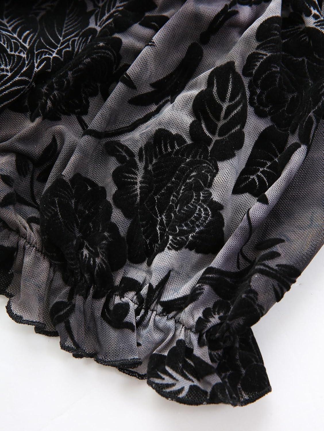 image:imageROSE GAL Women Plus Size Elegant Summer Cold Shoulder Top Floral Flocking Lettuces Laceup Layered Tunic TShirtBlack1