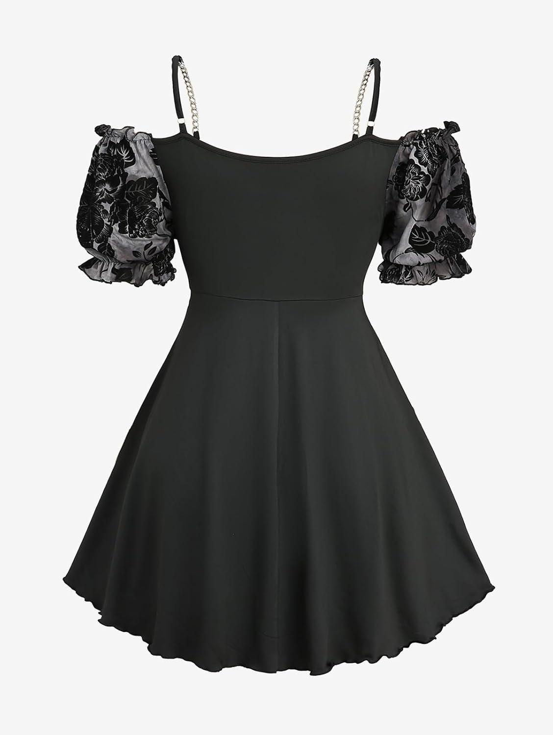 image:imageROSE GAL Women Plus Size Elegant Summer Cold Shoulder Top Floral Flocking Lettuces Laceup Layered Tunic TShirtBlack1