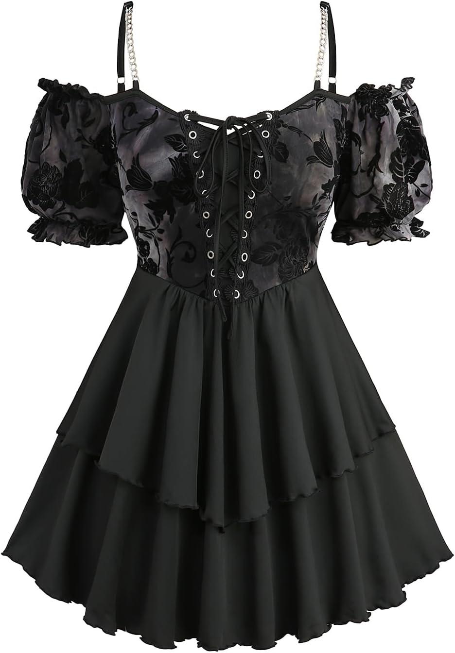 image:imageROSE GAL Women Plus Size Elegant Summer Cold Shoulder Top Floral Flocking Lettuces Laceup Layered Tunic TShirtBlack1