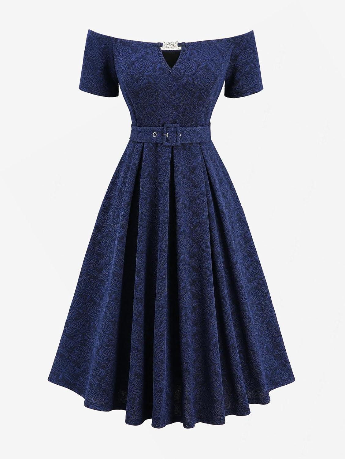 image:imageROSE GAL Women Plus Size Vintage Cocktail Dresses Elegant Off The Shoulder Short Sleeves Keyhole Flower Jacquard Swing DressBlue1