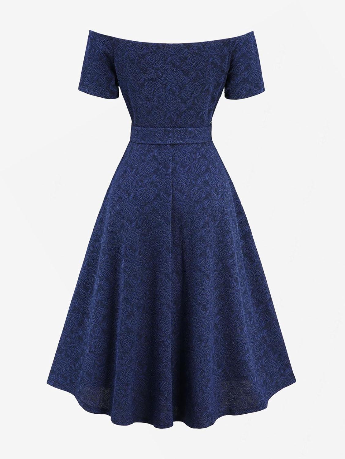 image:imageROSE GAL Women Plus Size Vintage Cocktail Dresses Elegant Off The Shoulder Short Sleeves Keyhole Flower Jacquard Swing DressBlue1