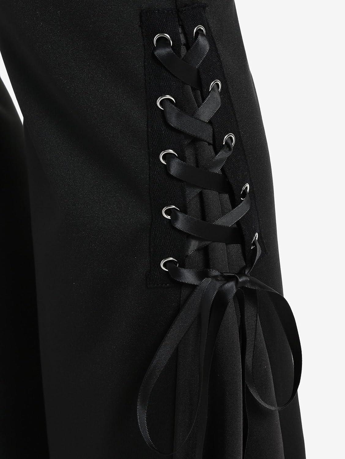 image:imageROSE GAL Womens Plus Size Gothic Lace Up Two Tone Godet Hem Pull On Flare PantsBlack1