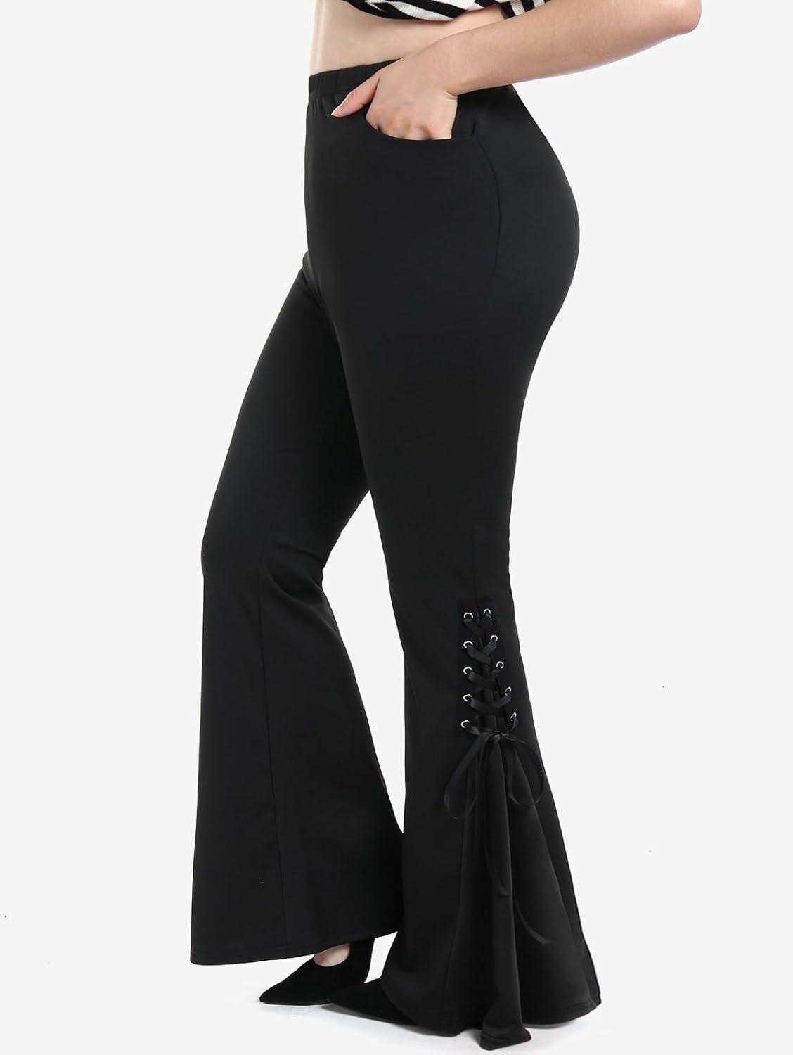 image:imageROSE GAL Womens Plus Size Gothic Lace Up Two Tone Godet Hem Pull On Flare PantsBlack1
