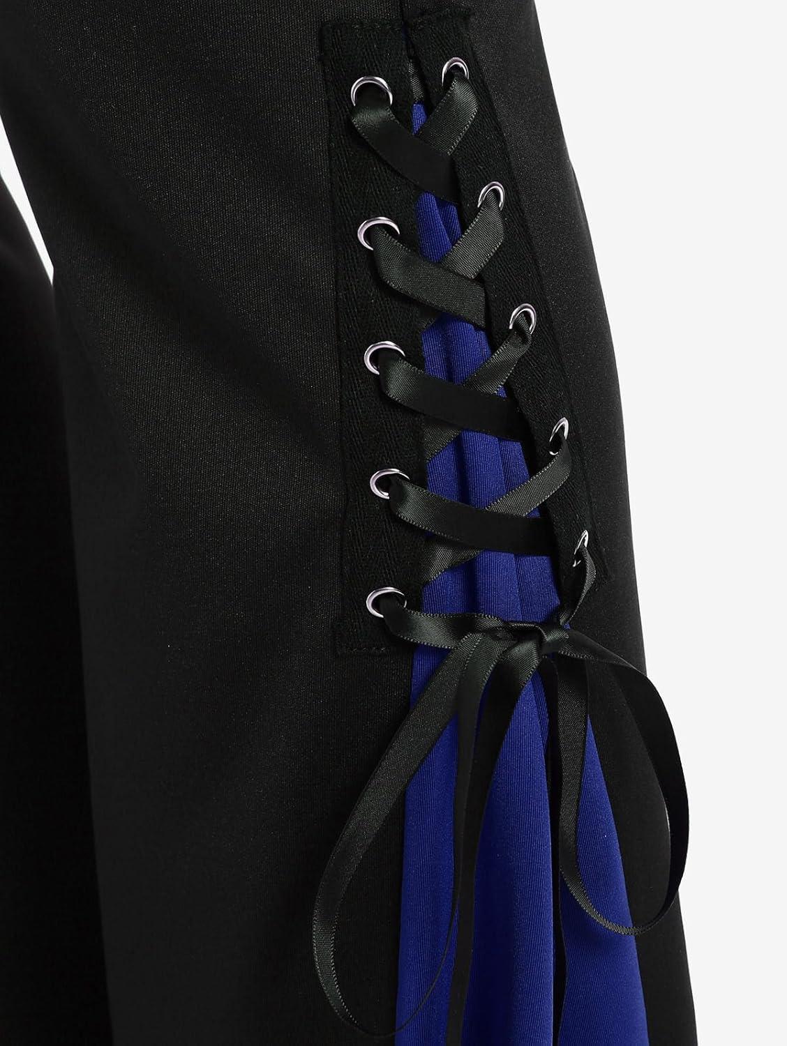 image:imageROSE GAL Womens Plus Size Gothic Lace Up Two Tone Godet Hem Pull On Flare PantsBlue1