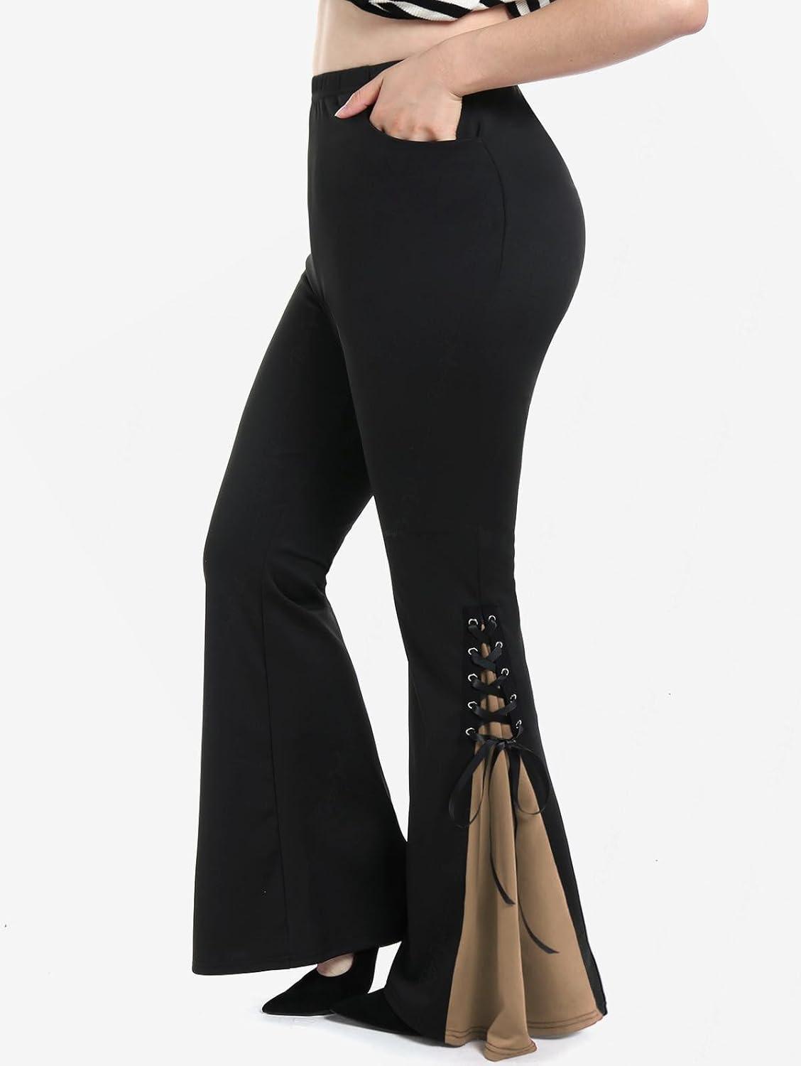 image:imageROSE GAL Womens Plus Size Gothic Lace Up Two Tone Godet Hem Pull On Flare PantsCoffee1