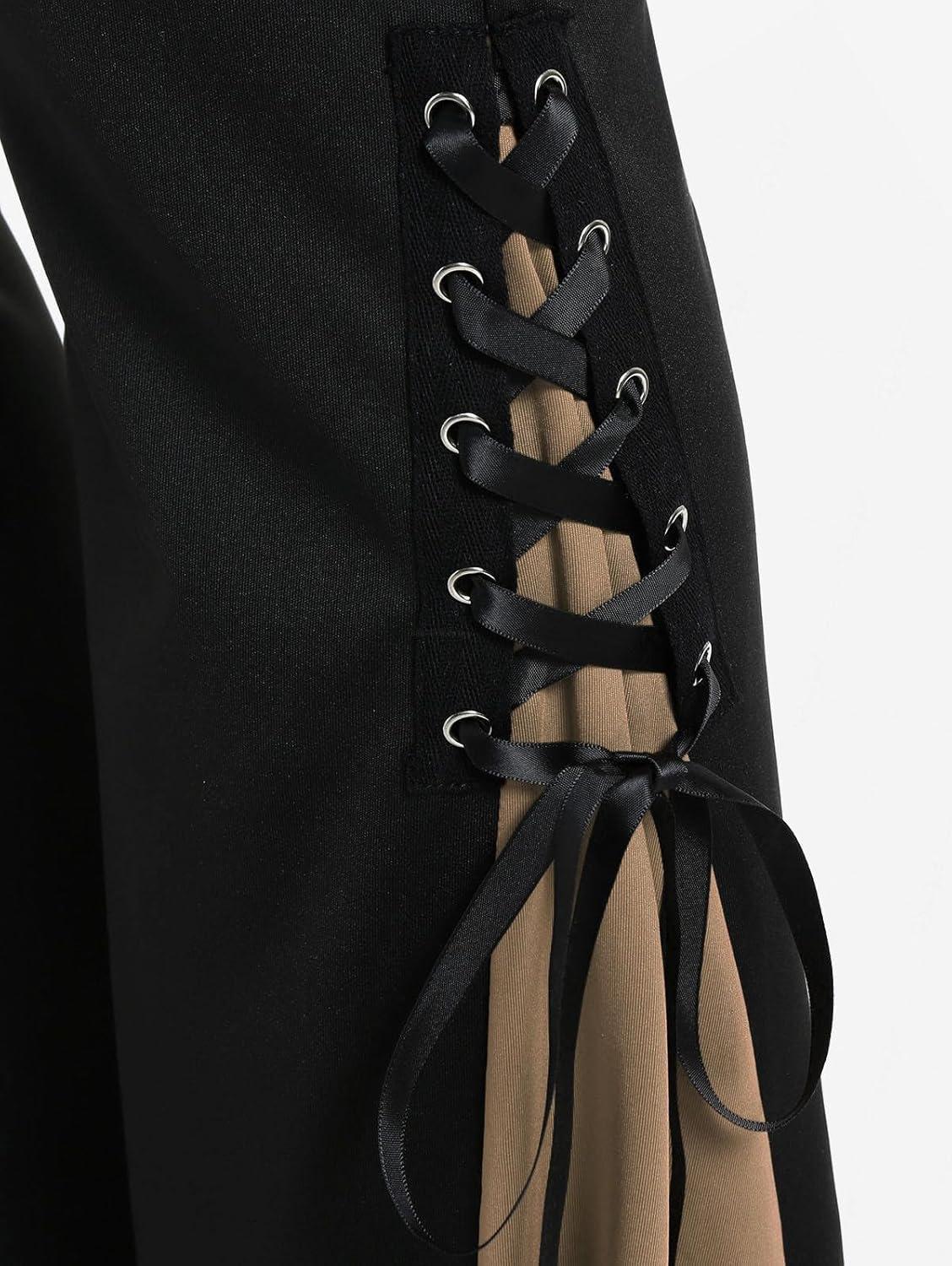 image:imageROSE GAL Womens Plus Size Gothic Lace Up Two Tone Godet Hem Pull On Flare PantsCoffee1