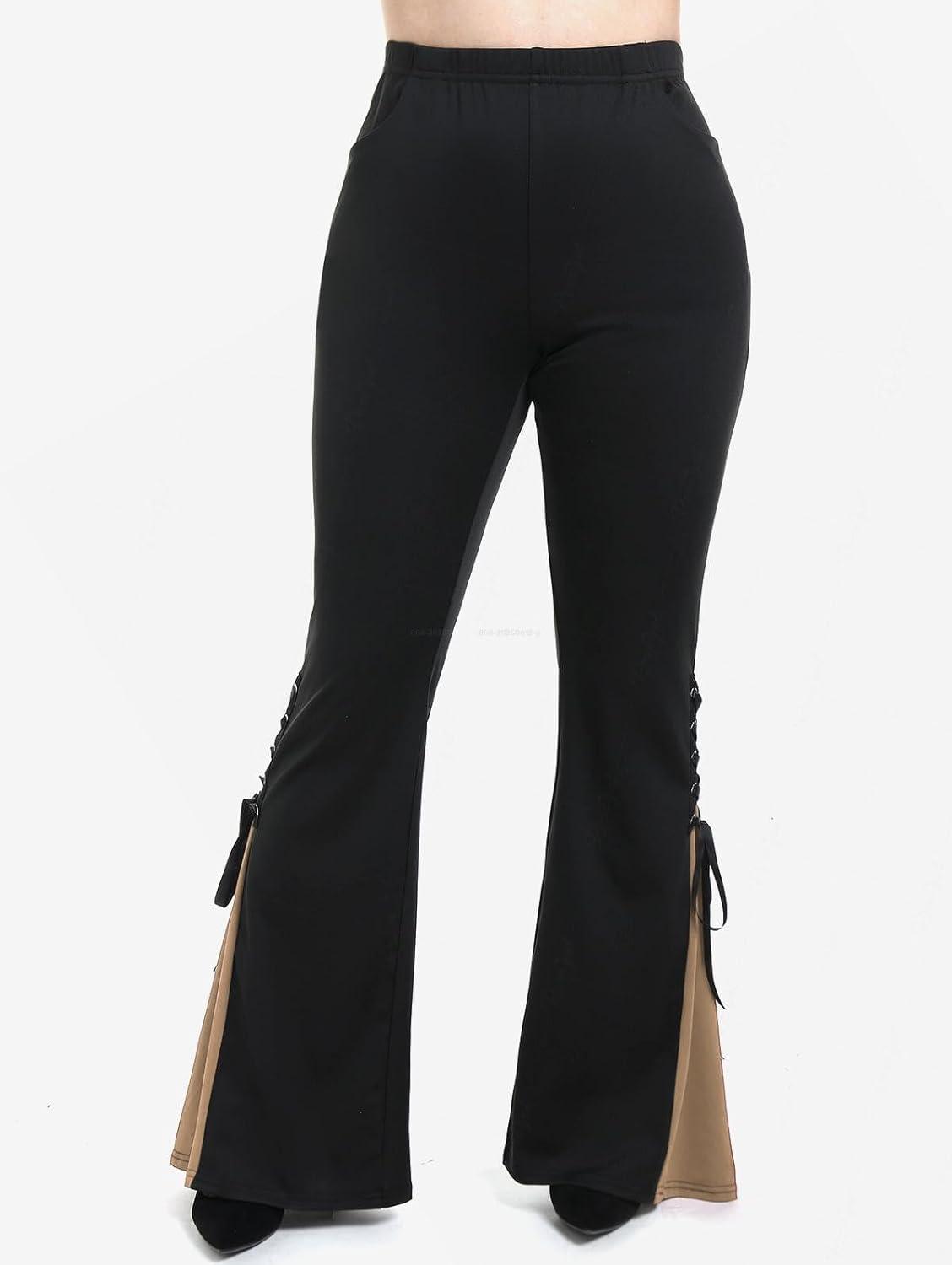 image:imageROSE GAL Womens Plus Size Gothic Lace Up Two Tone Godet Hem Pull On Flare PantsCoffee1