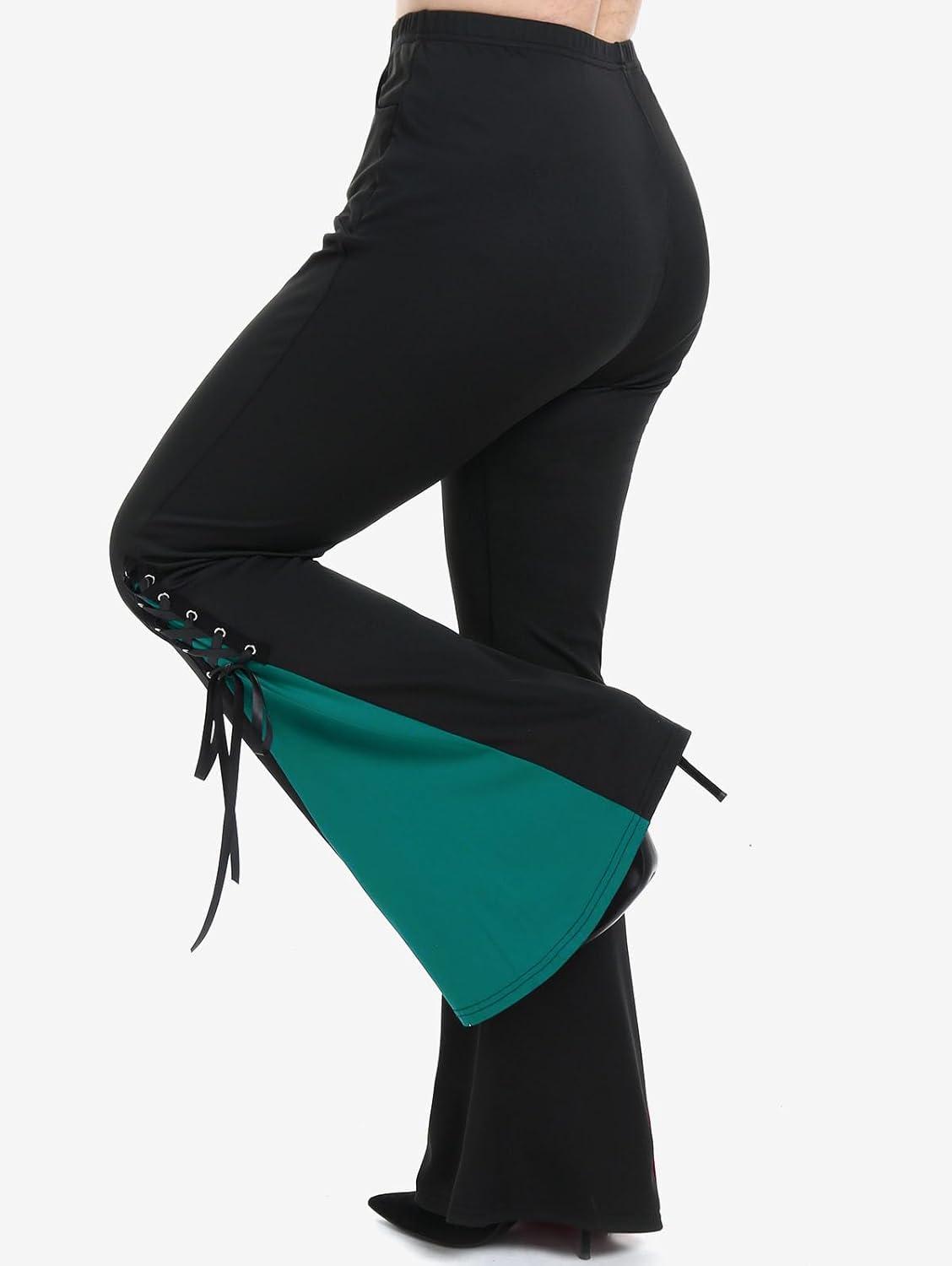 image:imageROSE GAL Womens Plus Size Gothic Lace Up Two Tone Godet Hem Pull On Flare PantsGreen1