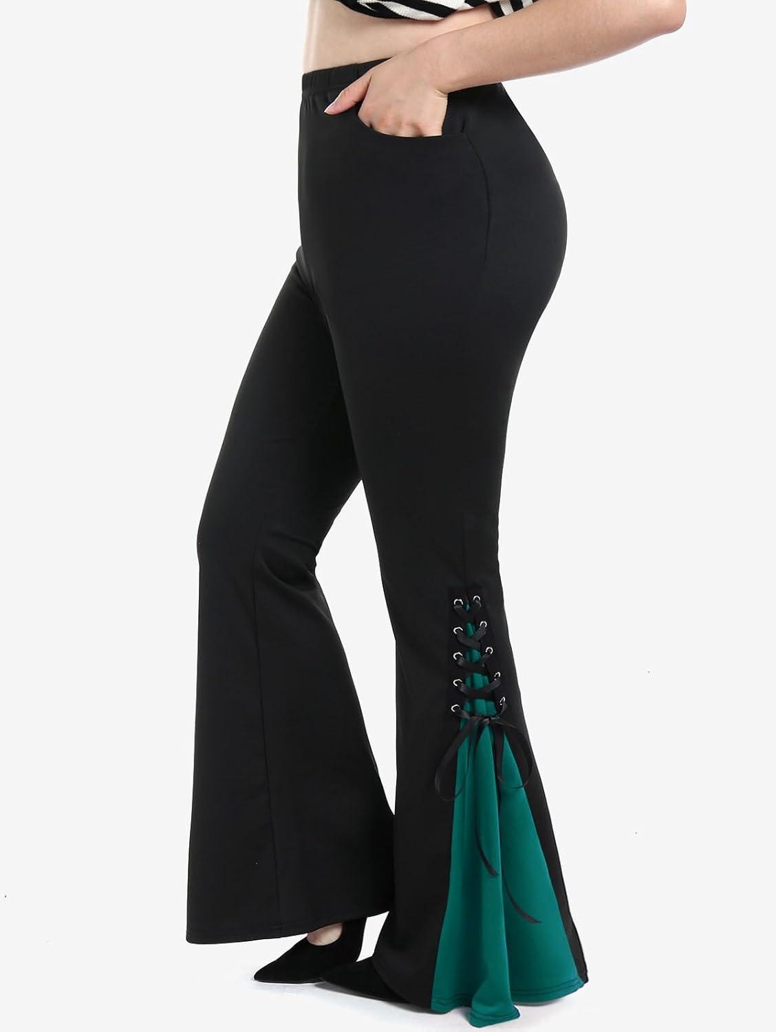 image:imageROSE GAL Womens Plus Size Gothic Lace Up Two Tone Godet Hem Pull On Flare PantsGreen1