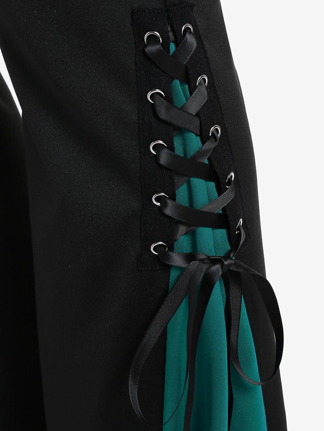 image:imageROSE GAL Womens Plus Size Gothic Lace Up Two Tone Godet Hem Pull On Flare PantsGreen1