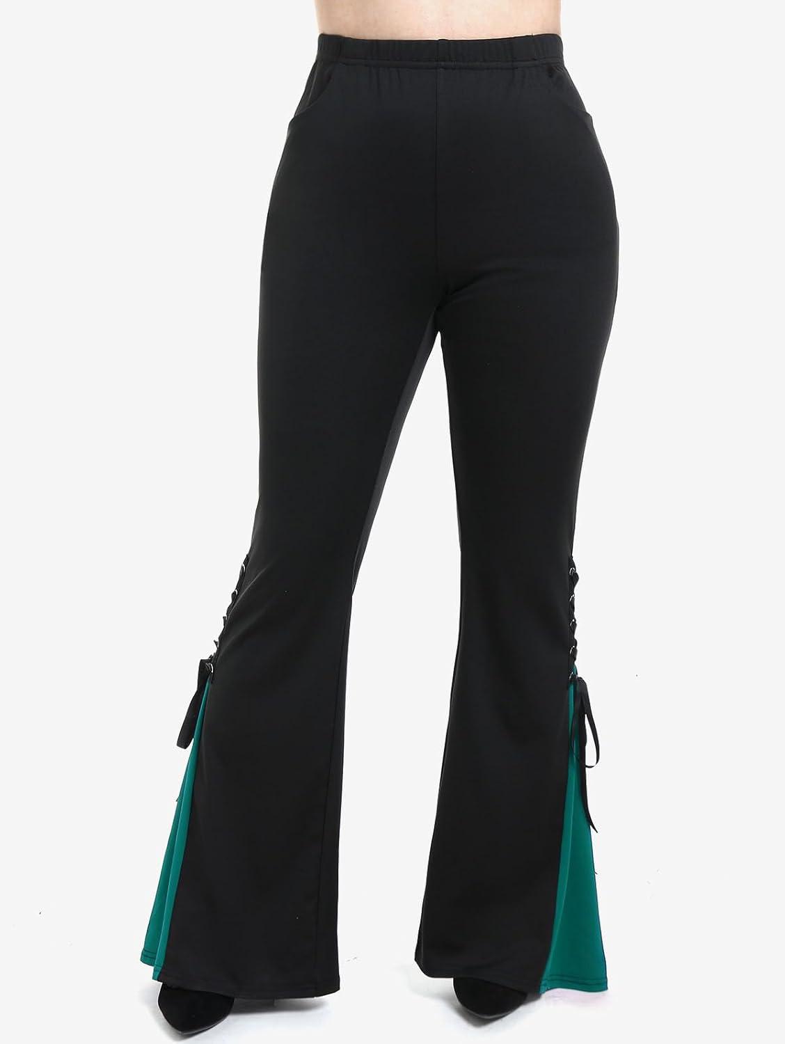 image:imageROSE GAL Womens Plus Size Gothic Lace Up Two Tone Godet Hem Pull On Flare PantsGreen1