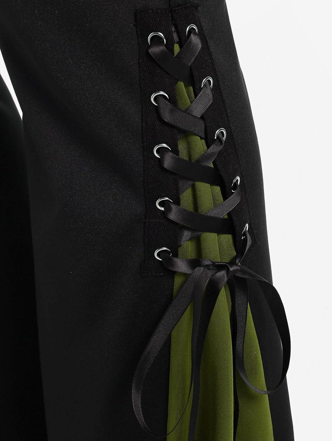 image:imageROSE GAL Womens Plus Size Gothic Lace Up Two Tone Godet Hem Pull On Flare PantsGreen3