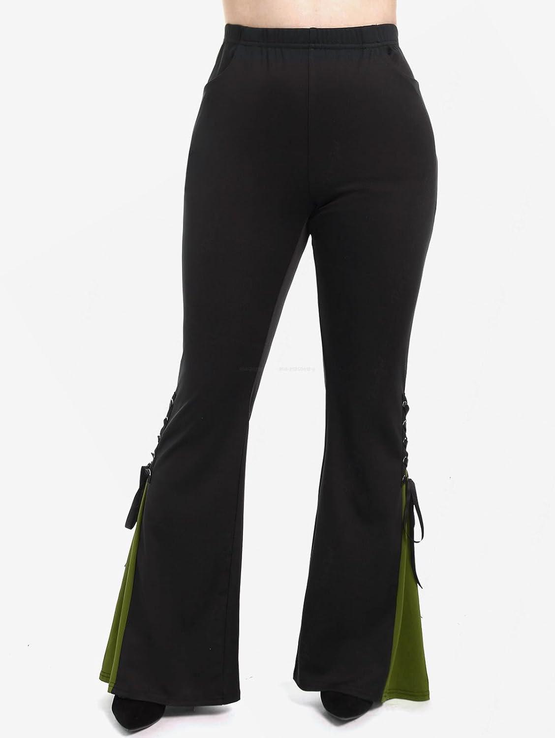 image:imageROSE GAL Womens Plus Size Gothic Lace Up Two Tone Godet Hem Pull On Flare PantsGreen3