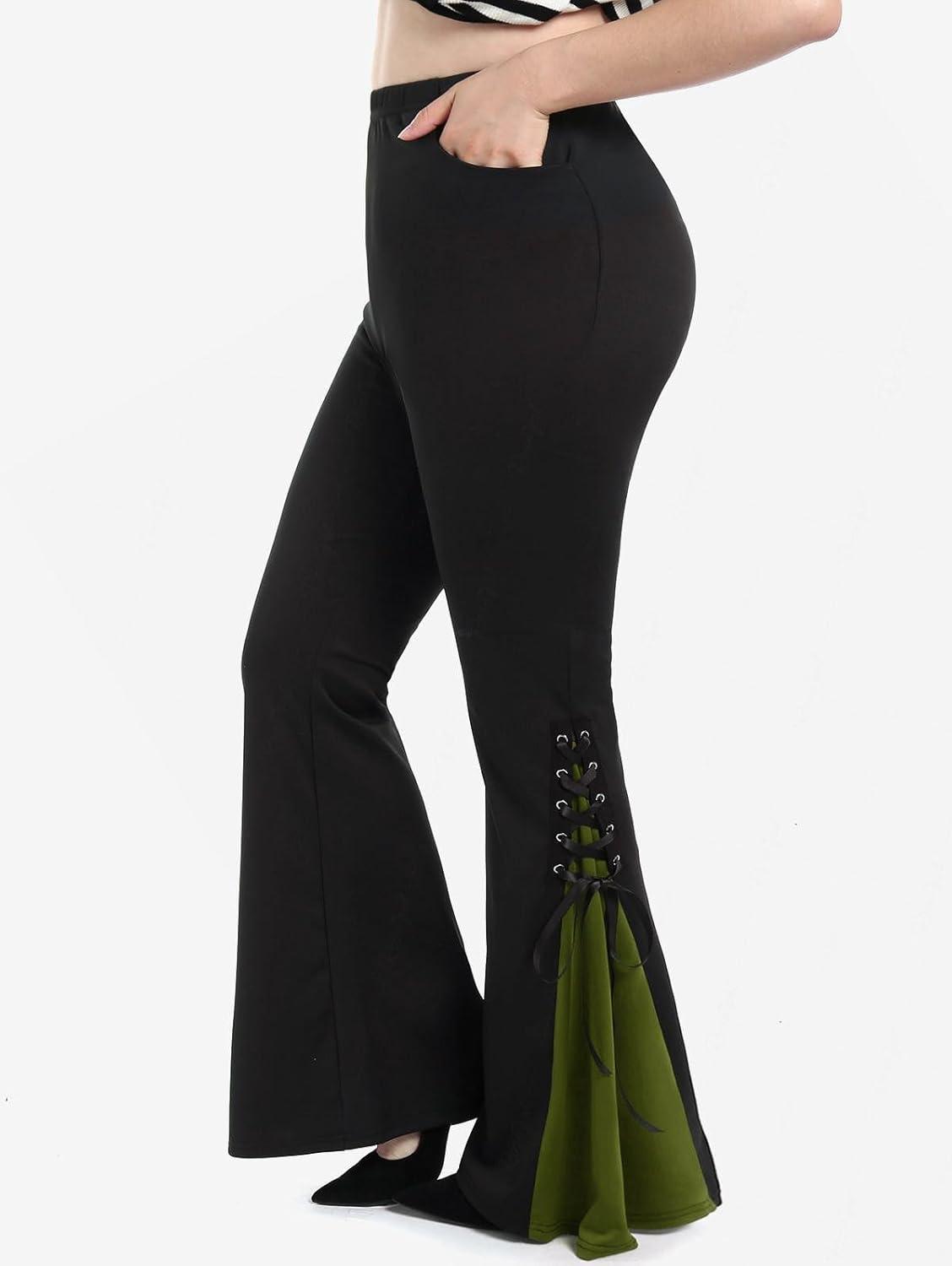 image:imageROSE GAL Womens Plus Size Gothic Lace Up Two Tone Godet Hem Pull On Flare PantsGreen3